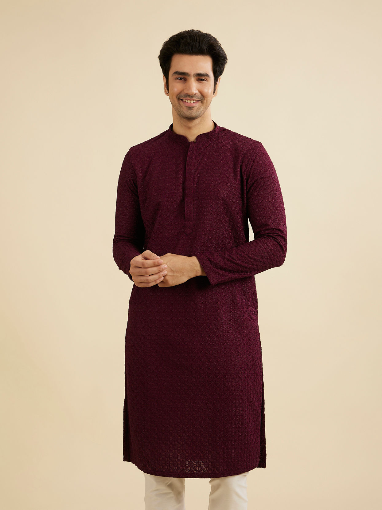 Manyavar Men Wine Red Chikankari Kurta Set