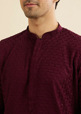 Manyavar Men Wine Red Chikankari Kurta Set