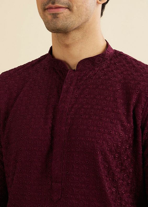 Manyavar Men Wine Red Chikankari Kurta Set