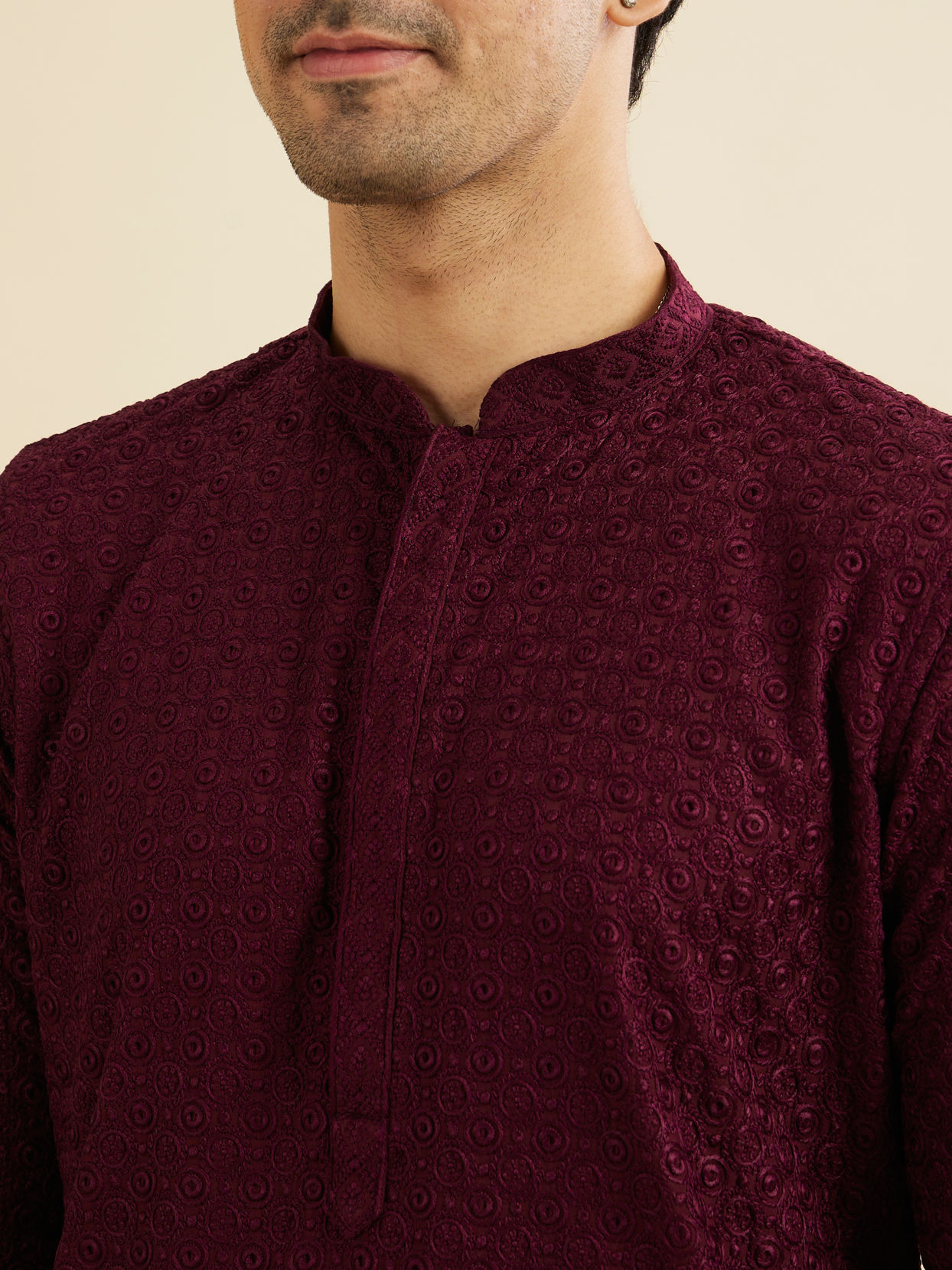 Manyavar Men Wine Red Chikankari Kurta Set