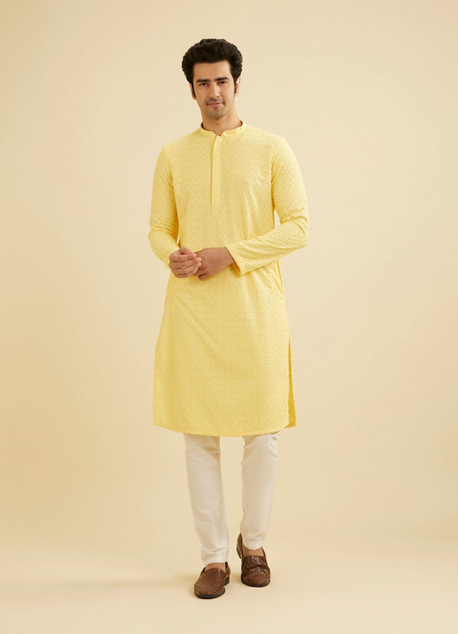 Manyavar Men Golden Touch Yellow Kurta Pajama image number 2