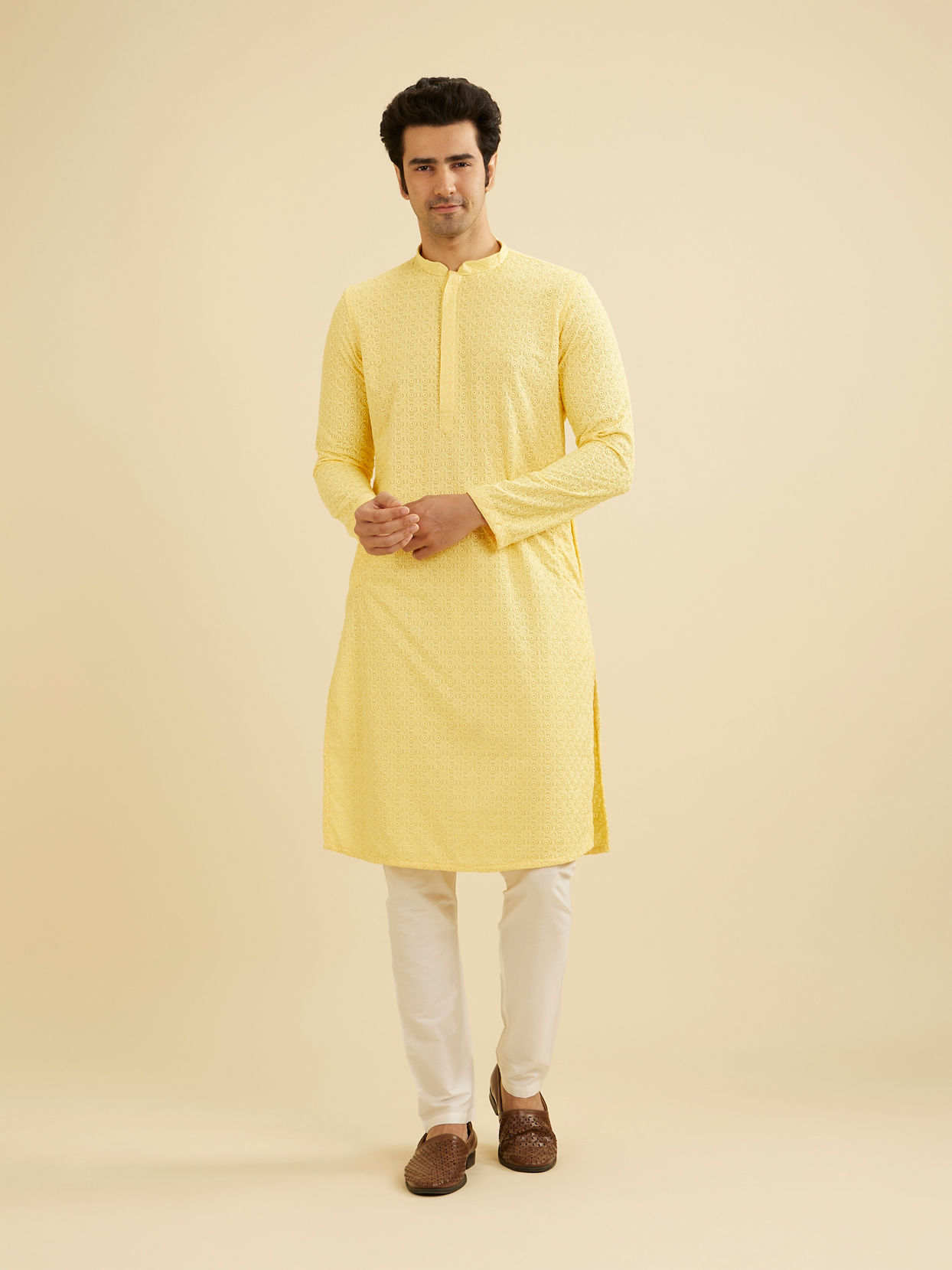 Manyavar Men Golden Touch Yellow Kurta Pajama image number 2