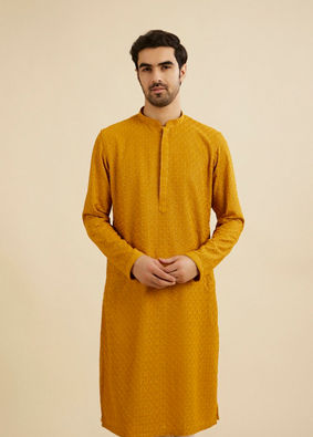 Manyavar Men Mustard Yellow Chikankari Kurta Set