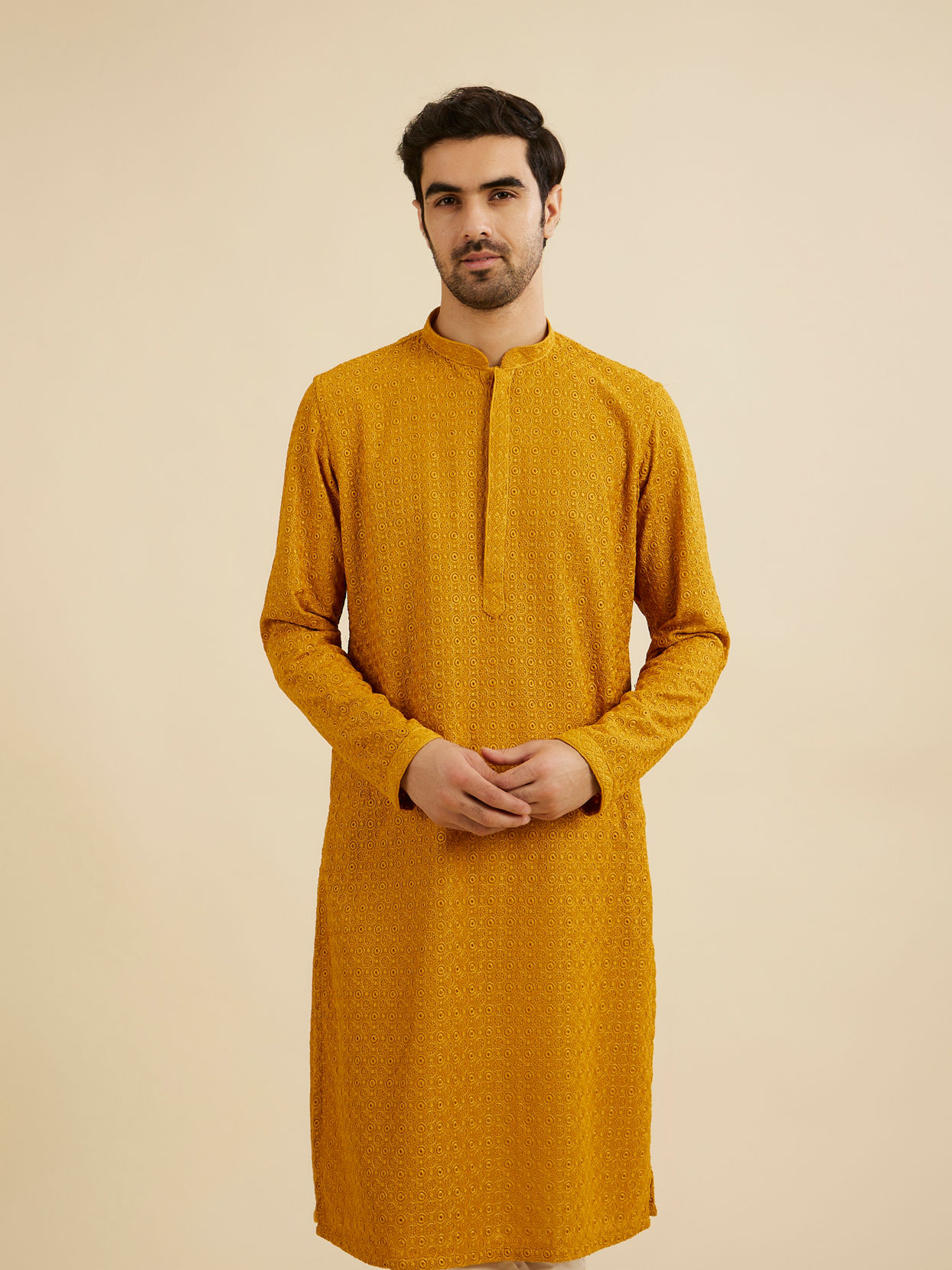 Manyavar Men Mustard Yellow Chikankari Kurta Set