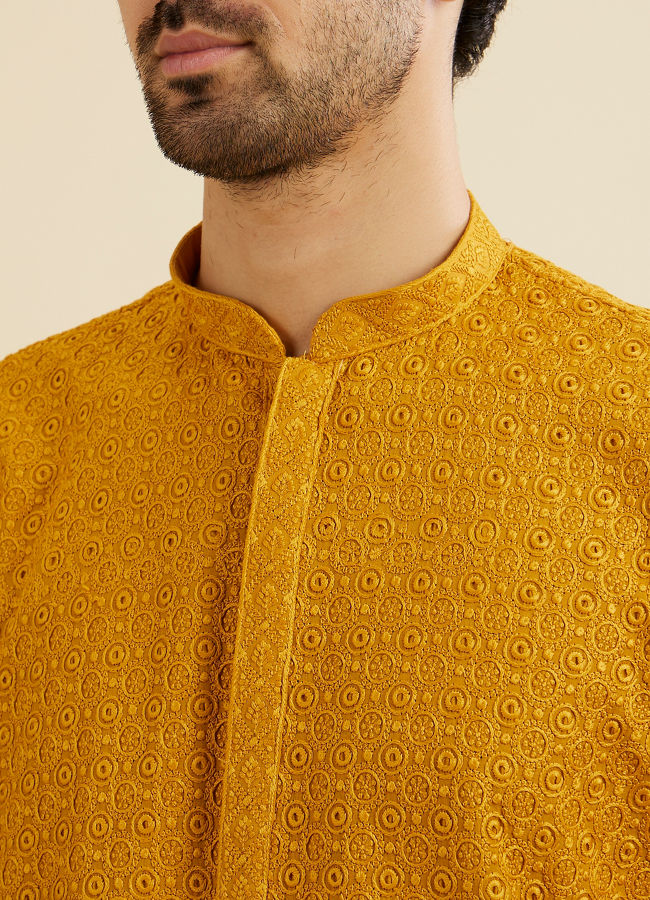 Manyavar Men Mustard Yellow Chikankari Kurta Set