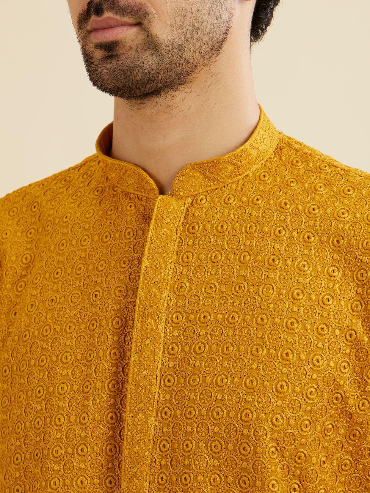 Manyavar Men Mustard Yellow Chikankari Kurta Set
