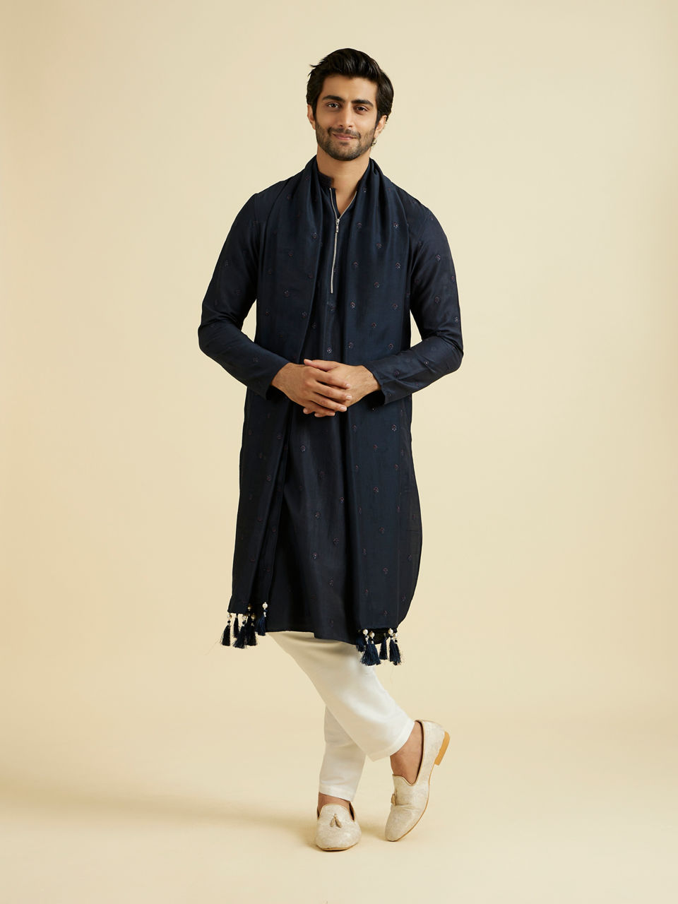 Manyavar Men Dark Blue Elegance Kurta Set with Dupatta