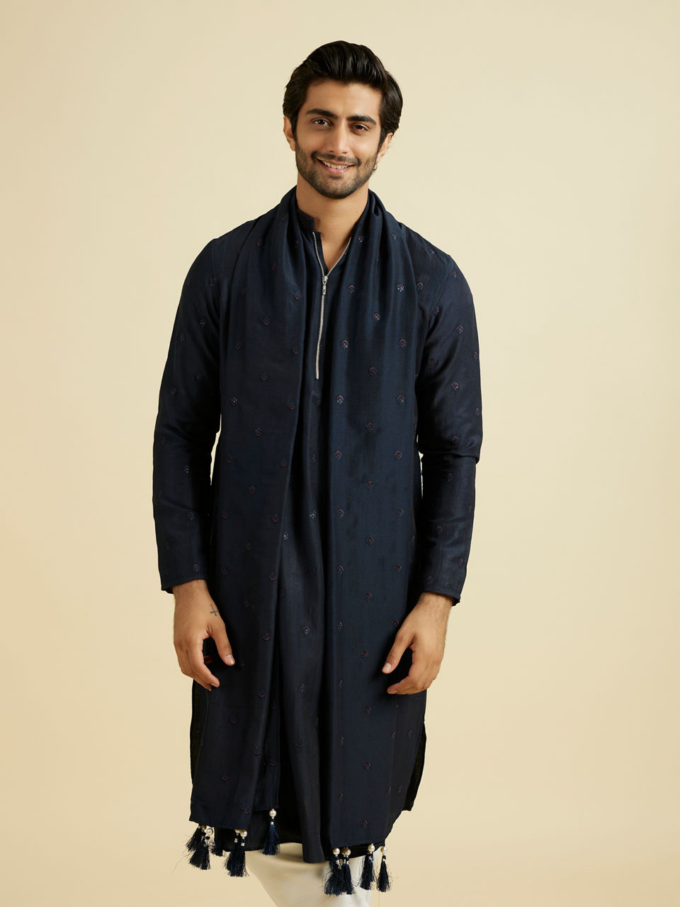 Manyavar Men Dark Blue Elegance Kurta Set with Dupatta