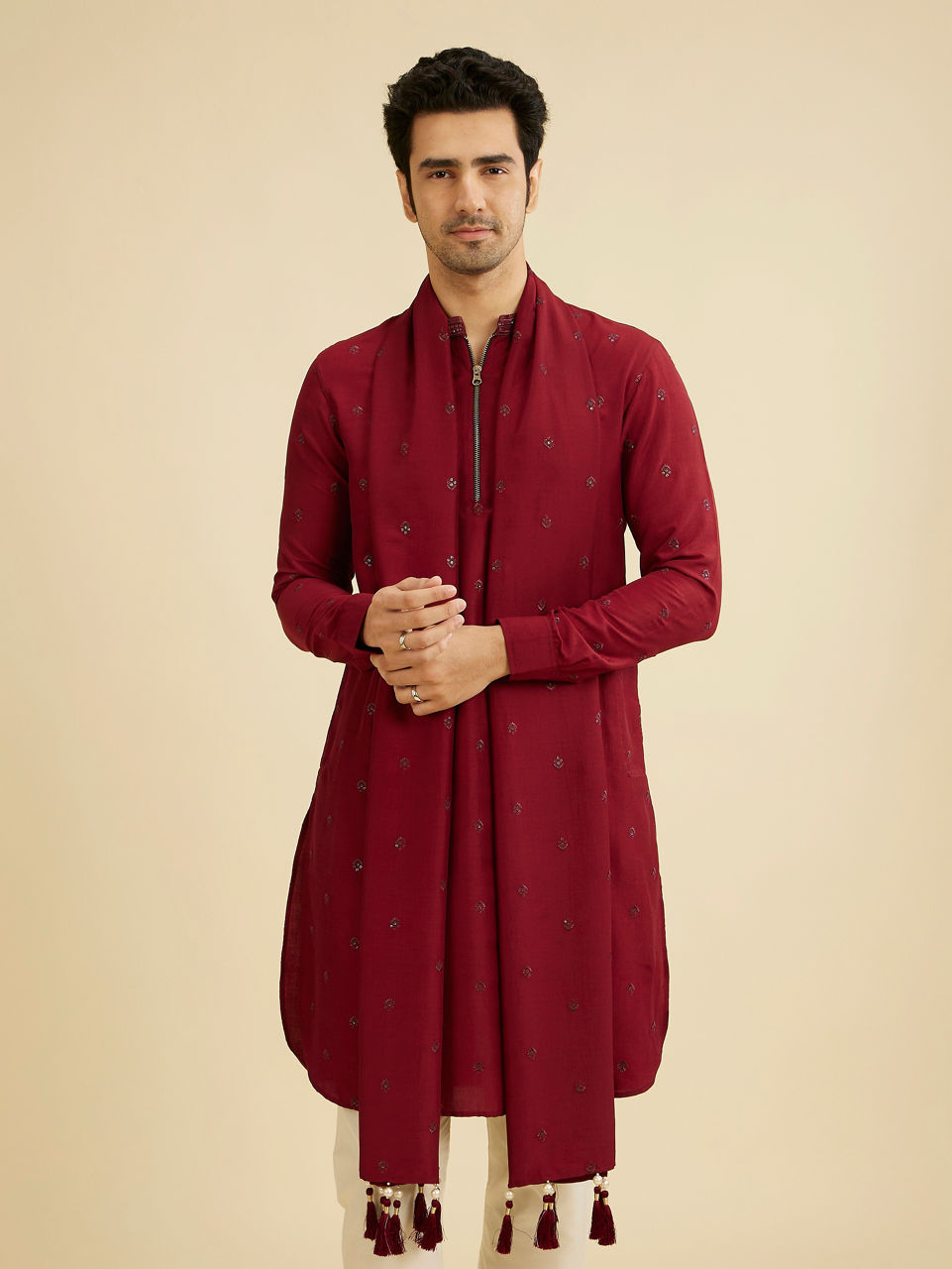 Manyavar Men Maroon Radiance Kurta Set with Dupatta