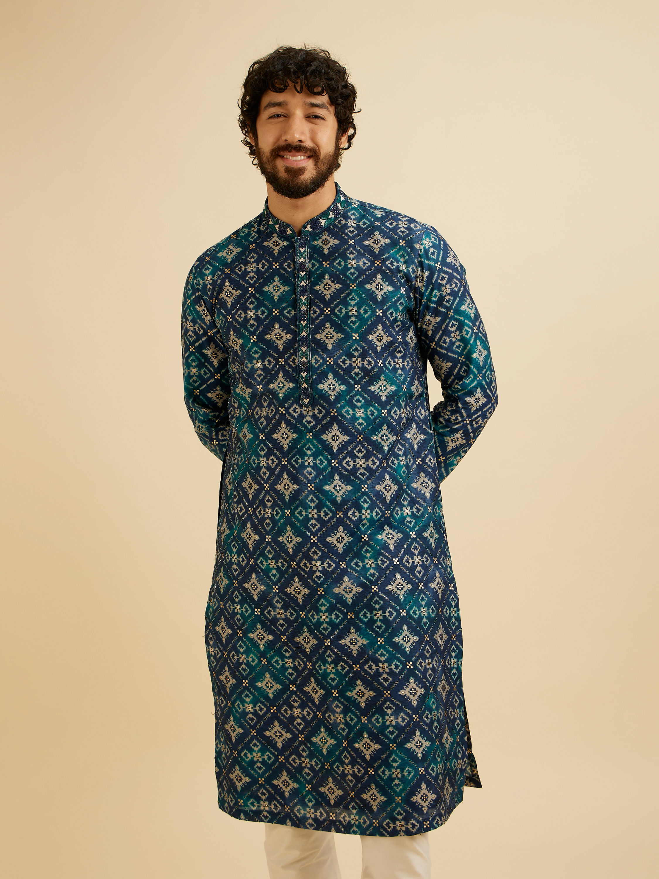 Manyavar Men Teal Blue Elegance Kurta Pajama