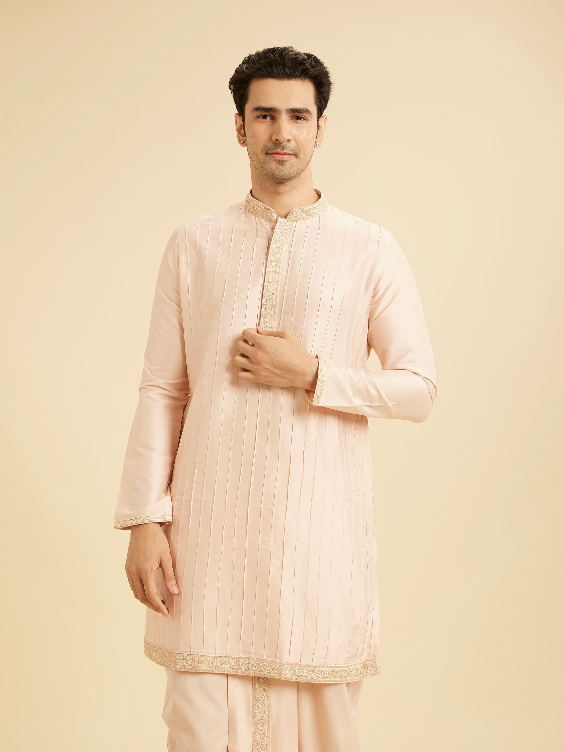Manyavar Men Elegant Peach Kurta Pajama Set