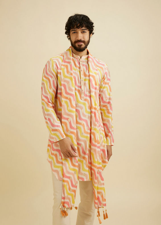 Manyavar Men Warm White and Pink Wave Print Kurta Set with Metallic Buta Highlights