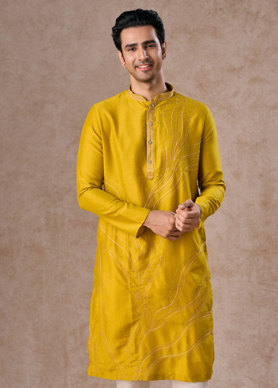 Manyavar Men Mehndi Green Opulence Kurta Pajama