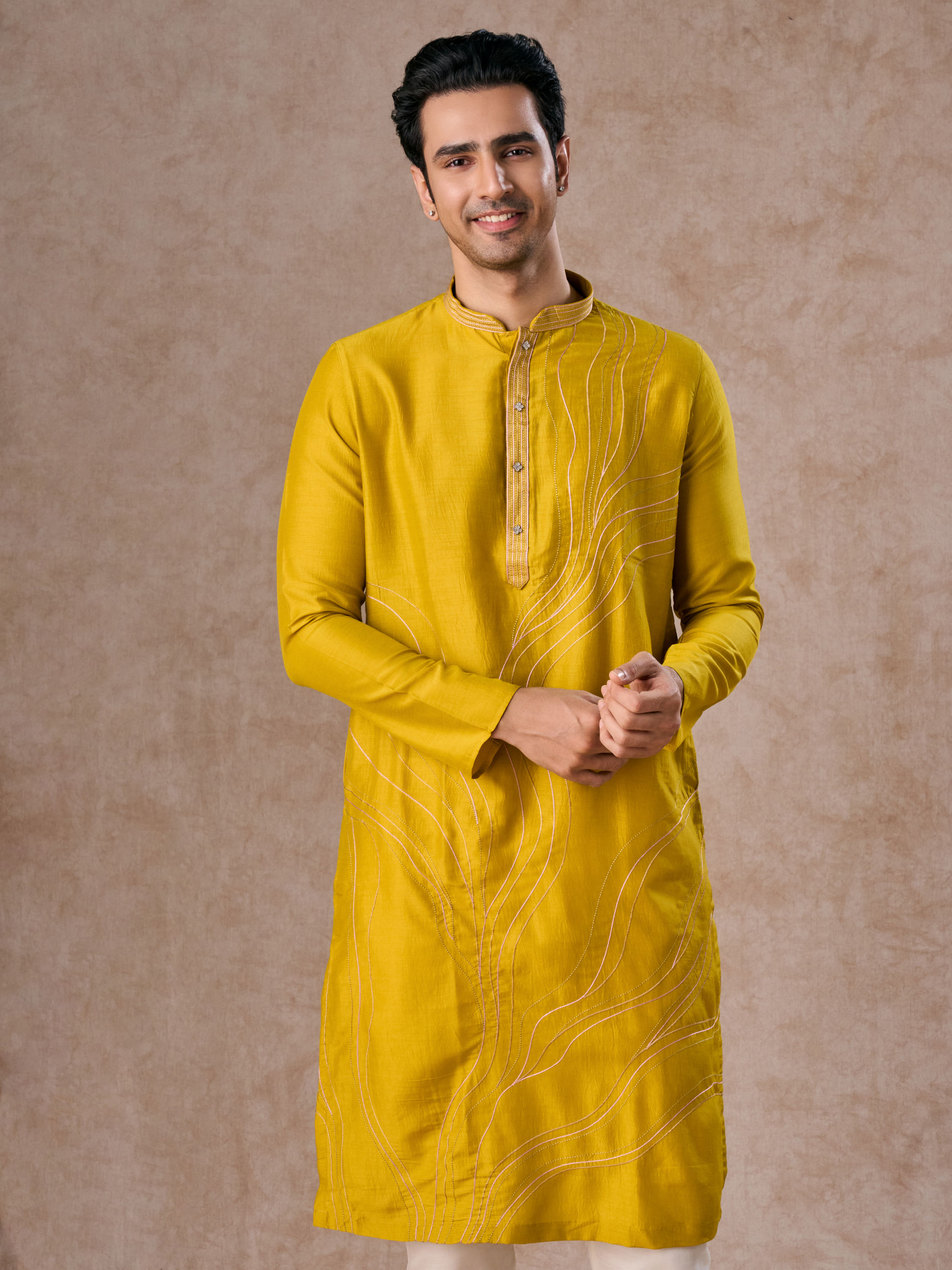 Manyavar Men Mehndi Green Opulence Kurta Pajama