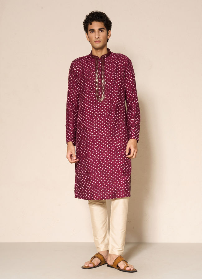 Manyavar Men Wine Silk Kurta Pajama