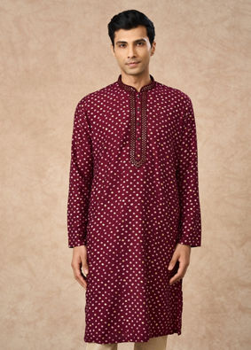 Manyavar Men Wine Silk Kurta Pajama