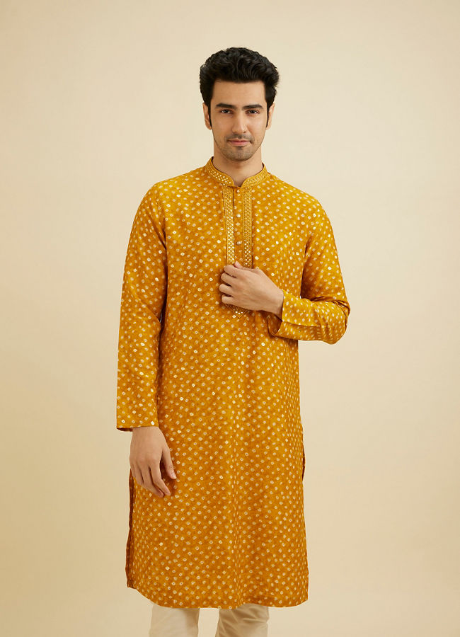 Manyavar Men Mustard Yellow Bandhani Kurta Set with Mirror Work image number 0