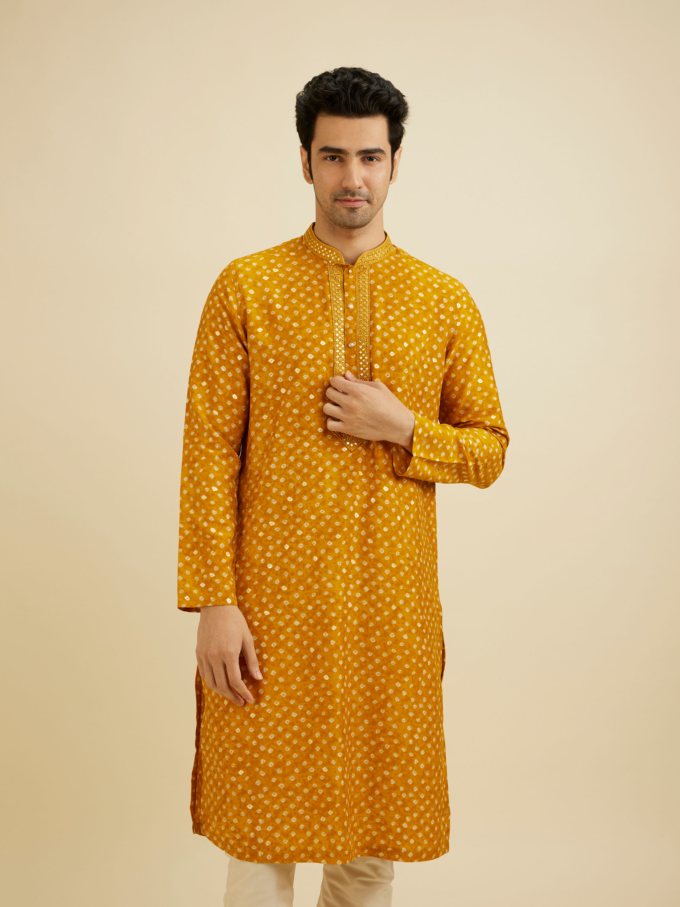 Manyavar Men Mustard Yellow Bandhani Kurta Set with Mirror Work