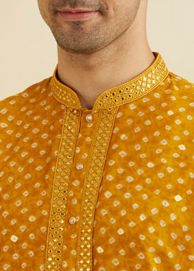 Manyavar Men Mustard Yellow Bandhani Kurta Set with Mirror Work