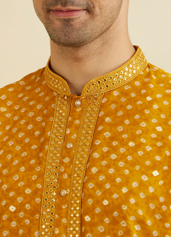 Manyavar Men Mustard Yellow Bandhani Kurta Set with Mirror Work image number 1