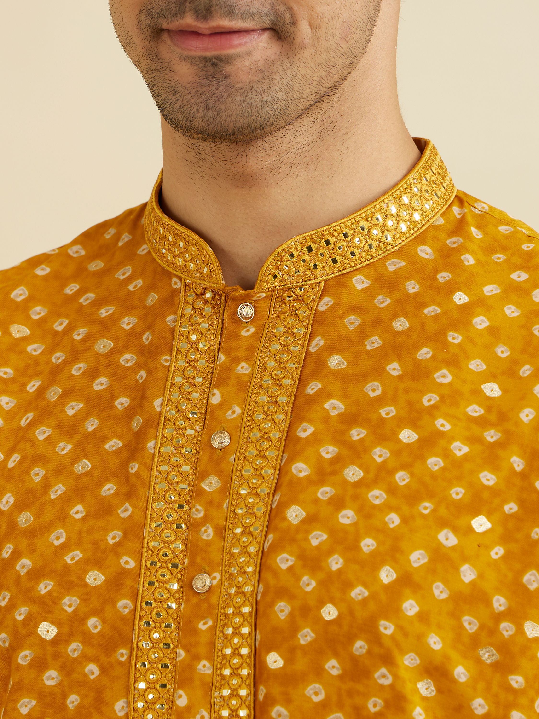 Manyavar Men Mustard Yellow Bandhani Kurta Set with Mirror Work