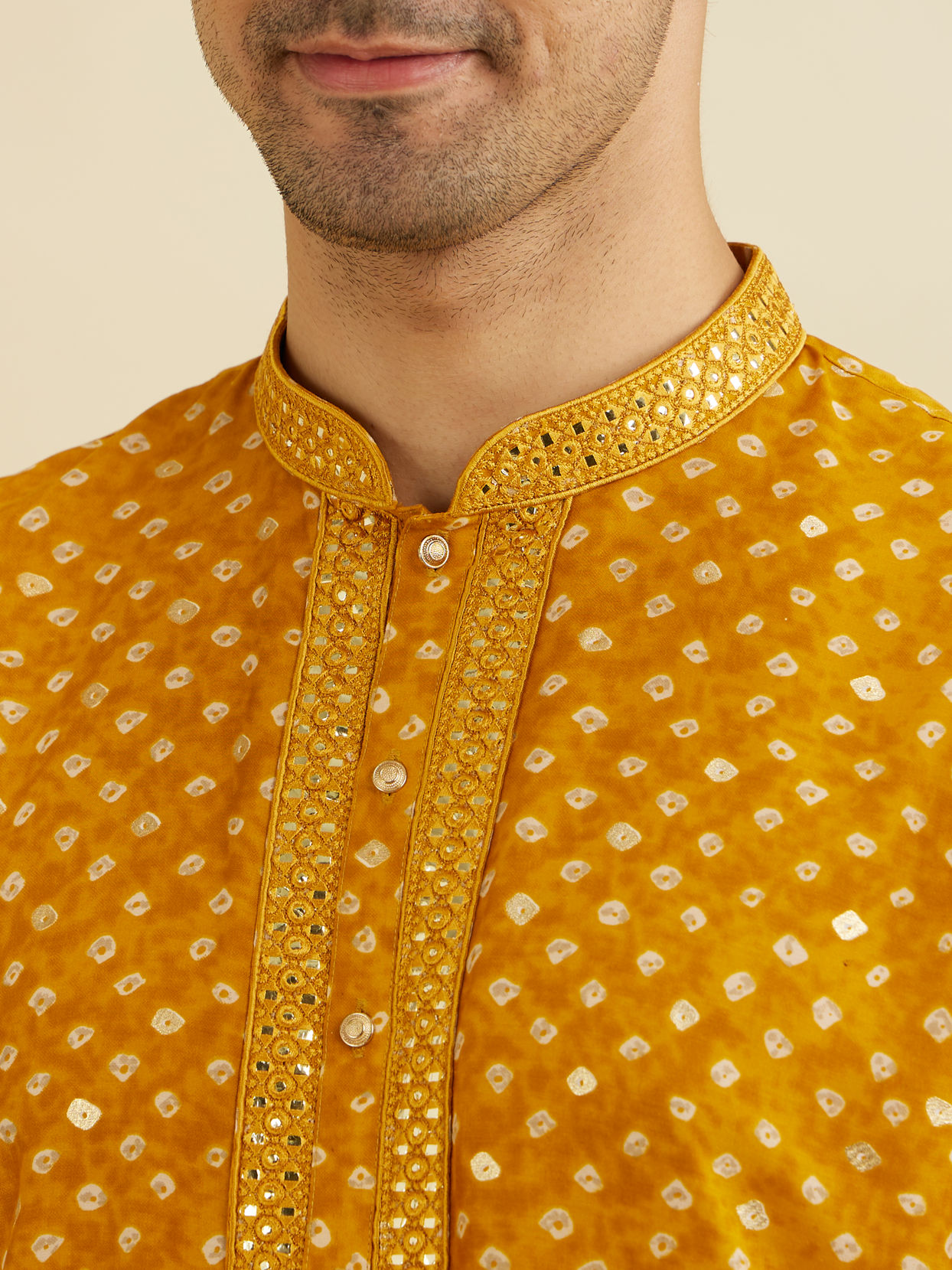 Manyavar Men Mustard Yellow Bandhani Kurta Set with Mirror Work image number 1