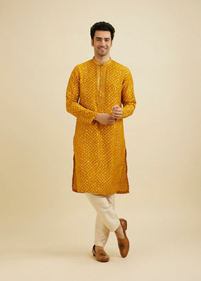 Manyavar Men Mustard Yellow Bandhani Kurta Set with Mirror Work image number 2