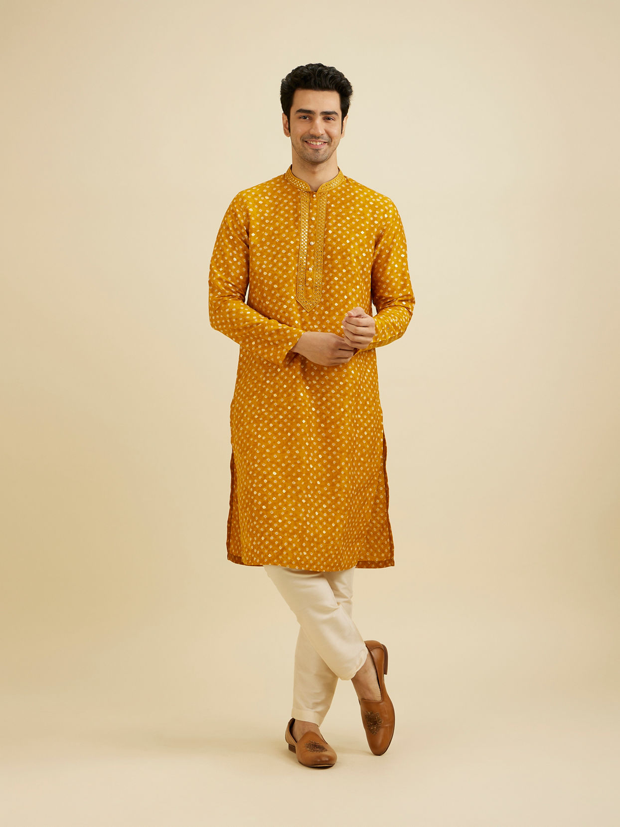 Manyavar Men Mustard Yellow Bandhani Kurta Set with Mirror Work