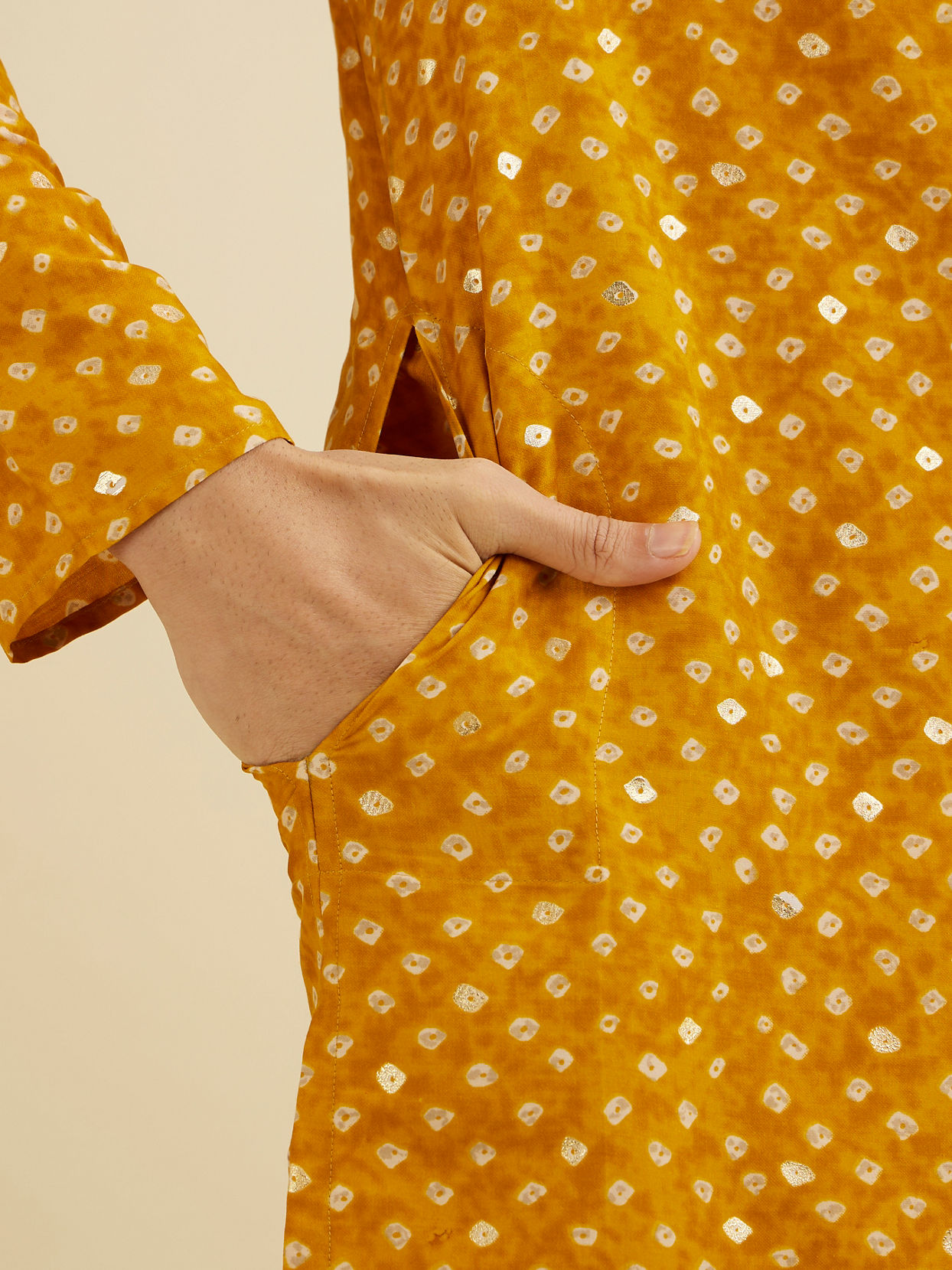 Manyavar Men Mustard Yellow Bandhani Kurta Set with Mirror Work