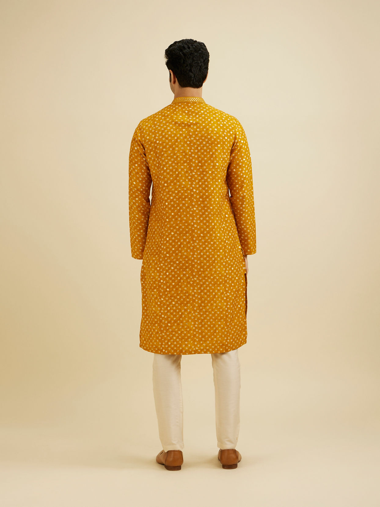 Manyavar Men Mustard Yellow Bandhani Kurta Set with Mirror Work