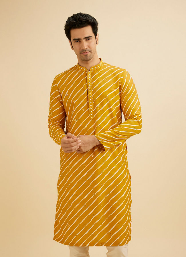 Manyavar Men Mustard Yellow Striped Kurta Set with Patra Work