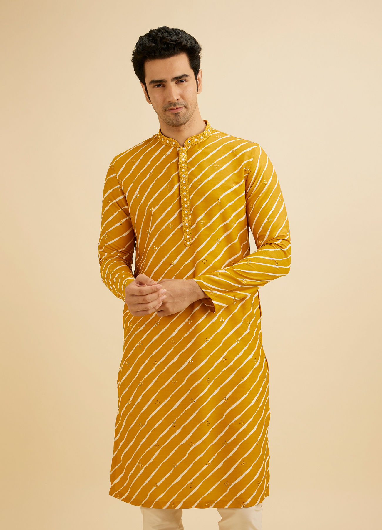 Manyavar Men Mustard Yellow Striped Kurta Set with Patra Work