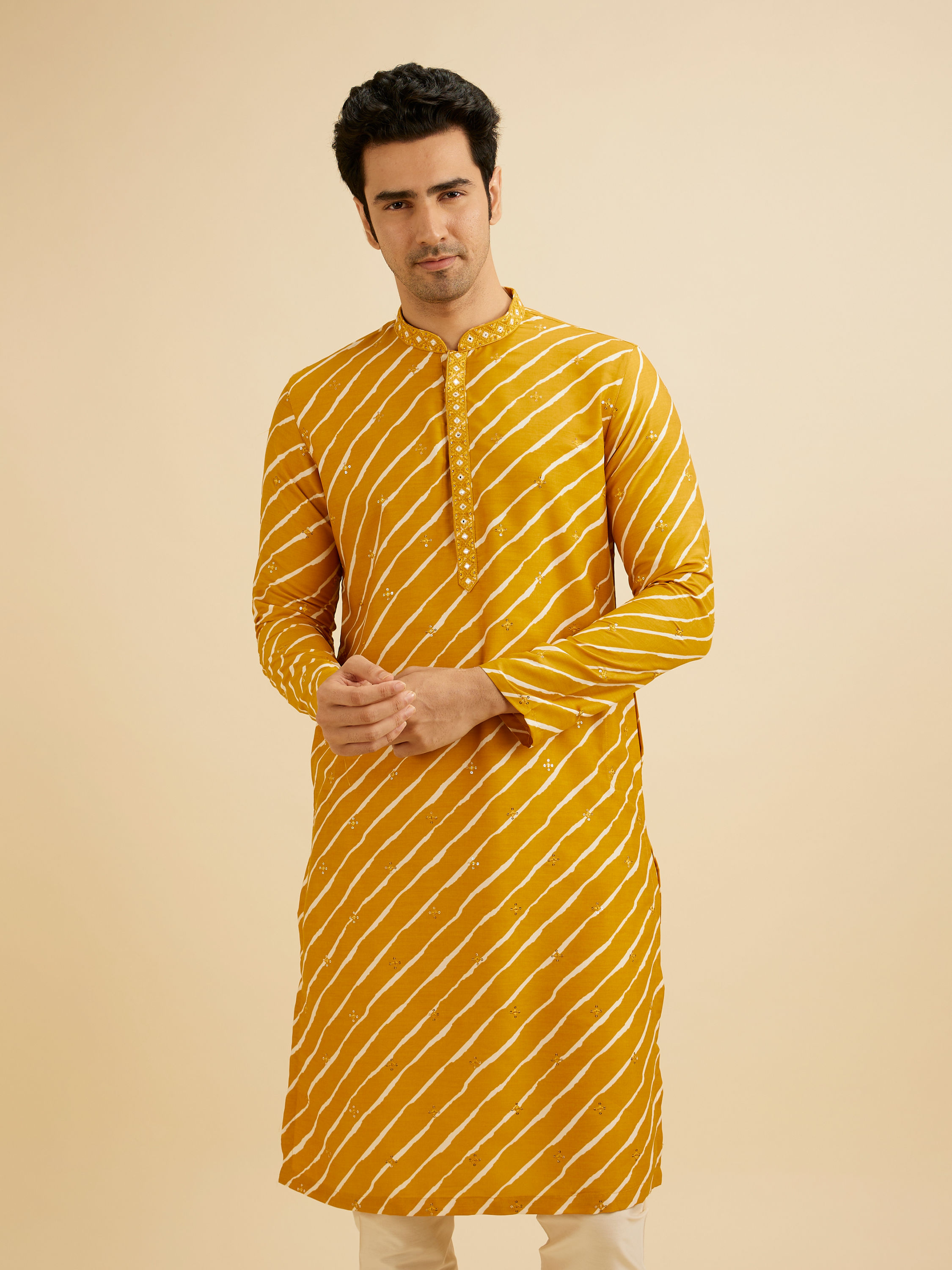 Manyavar Men Mustard Yellow Striped Kurta Set with Patra Work