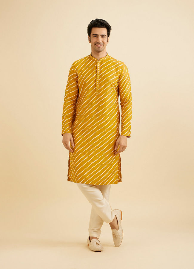 Manyavar Men Mustard Yellow Striped Kurta Set with Patra Work