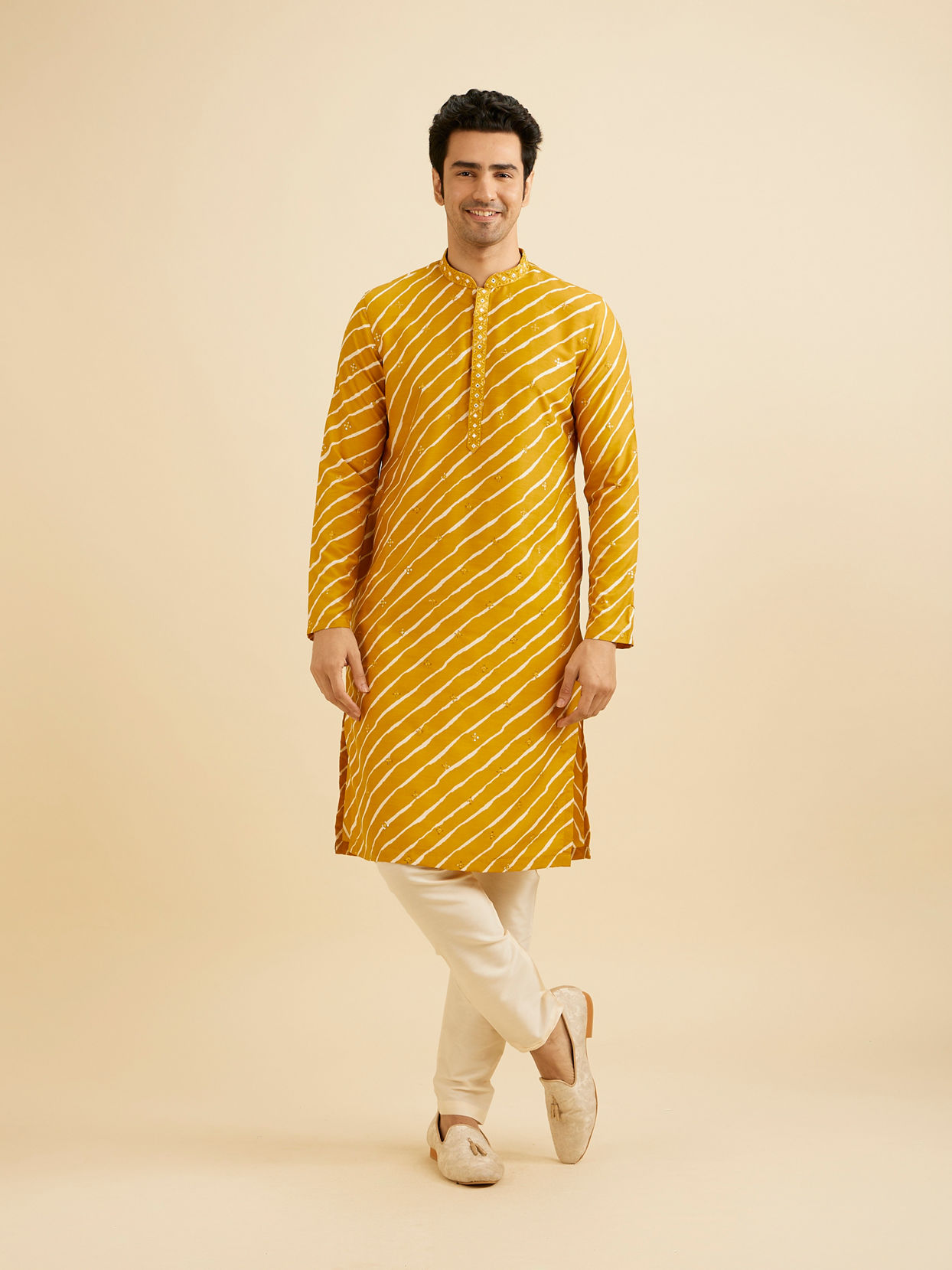 Manyavar Men Mustard Yellow Striped Kurta Set with Patra Work