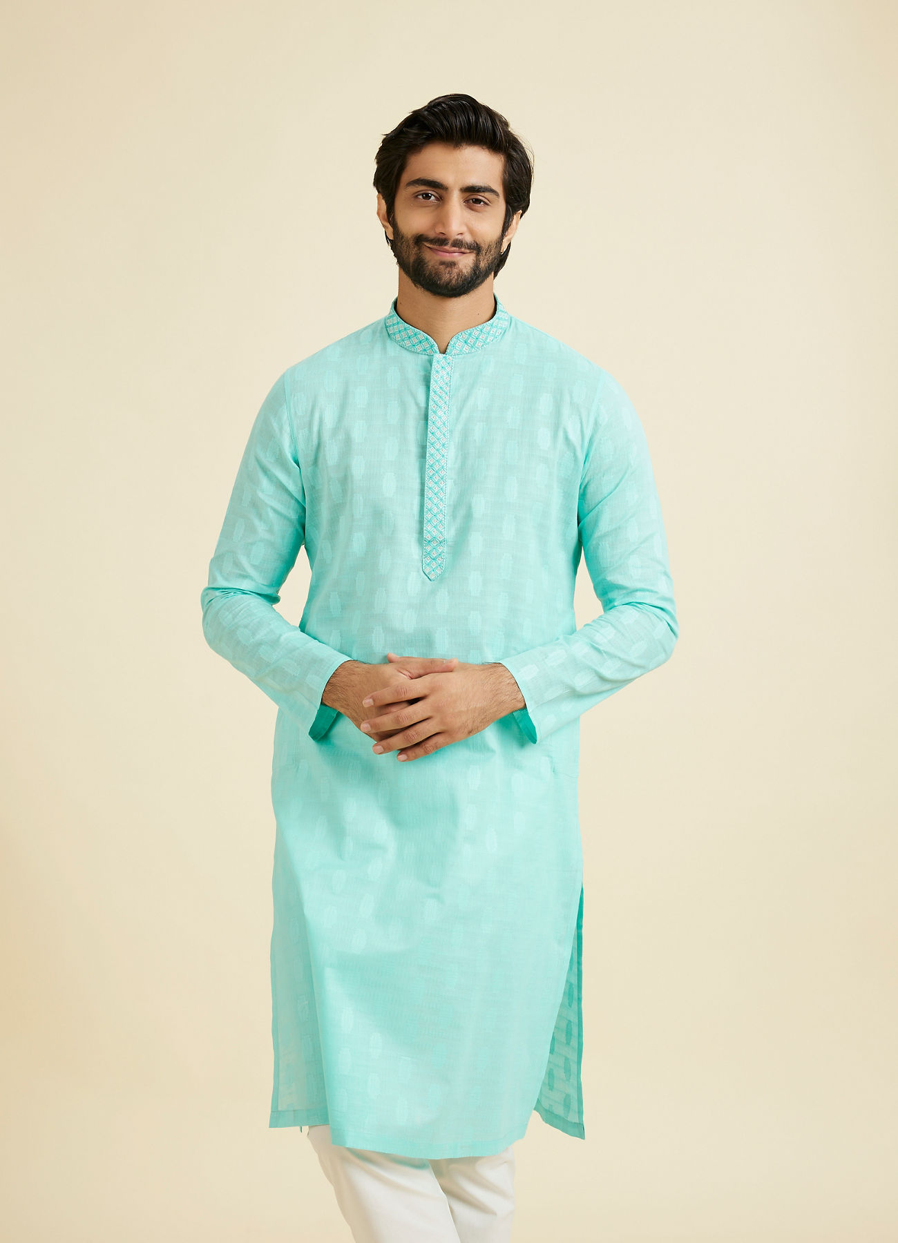 Manyavar Men Aqua Green Cotton Elegance Kurta Pajama