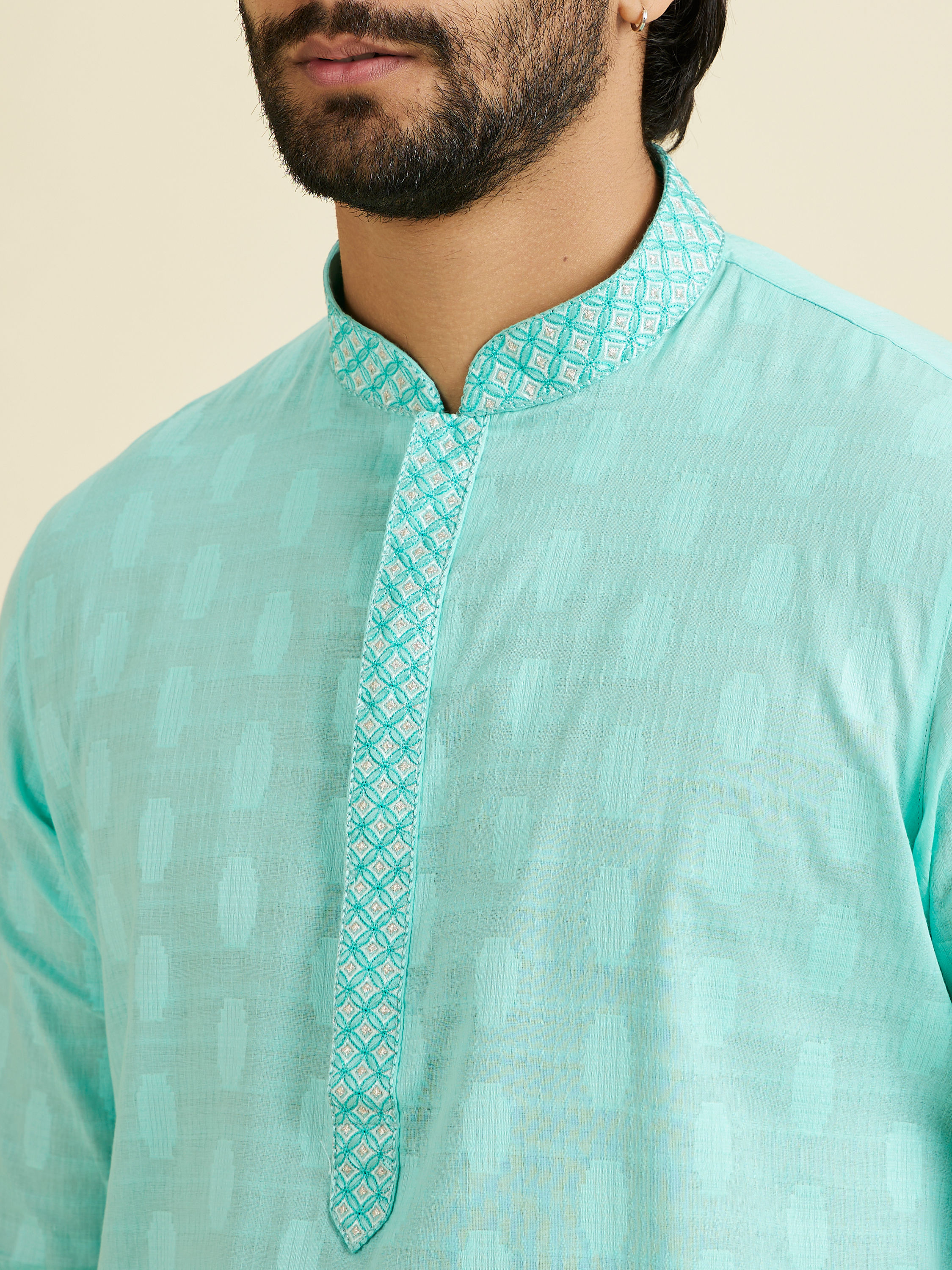 Manyavar Men Aqua Green Cotton Elegance Kurta Pajama