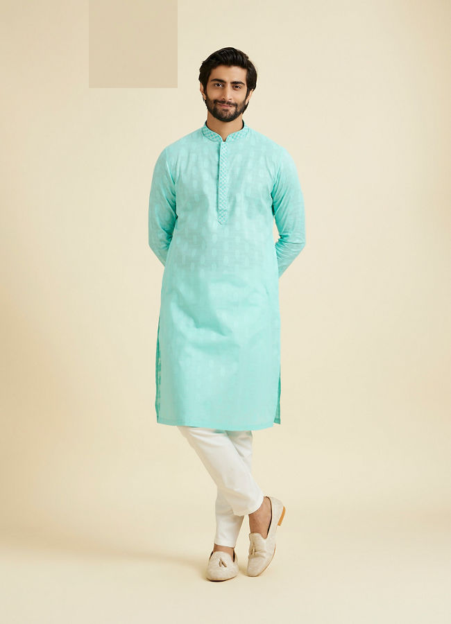 Manyavar Men Aqua Green Cotton Elegance Kurta Pajama