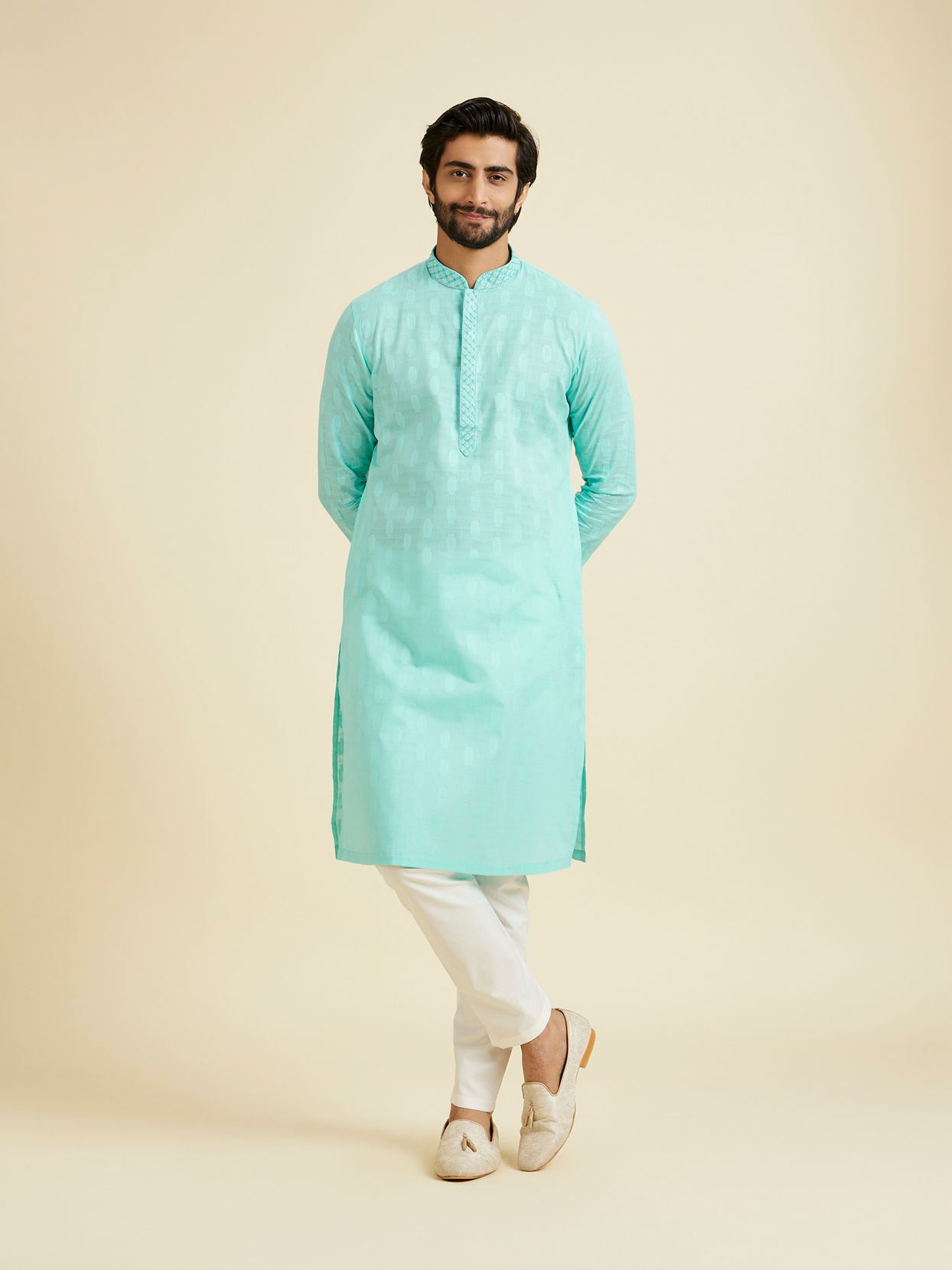 Manyavar Men Aqua Green Cotton Elegance Kurta Pajama