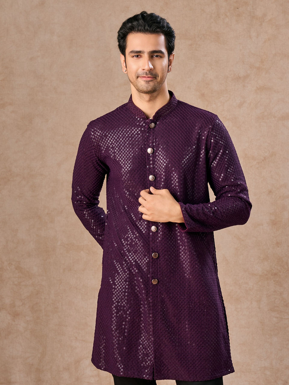 Manyavar Men Wine Viscose Kurta Pajama