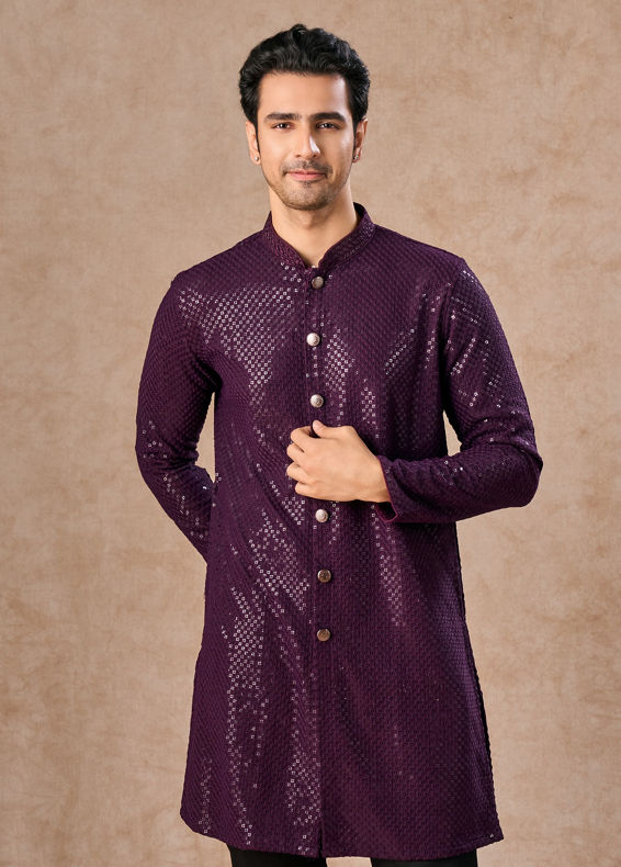 Manyavar Men Wine Viscose Kurta Pajama