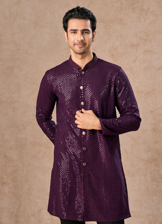 Manyavar Men Wine Viscose Kurta Pajama