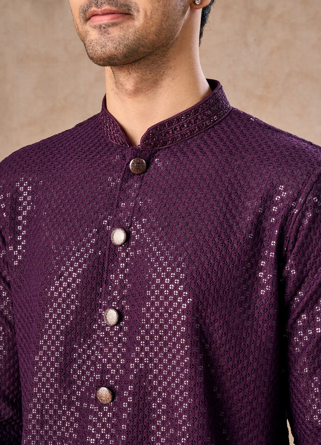 Manyavar Men Wine Viscose Kurta Pajama