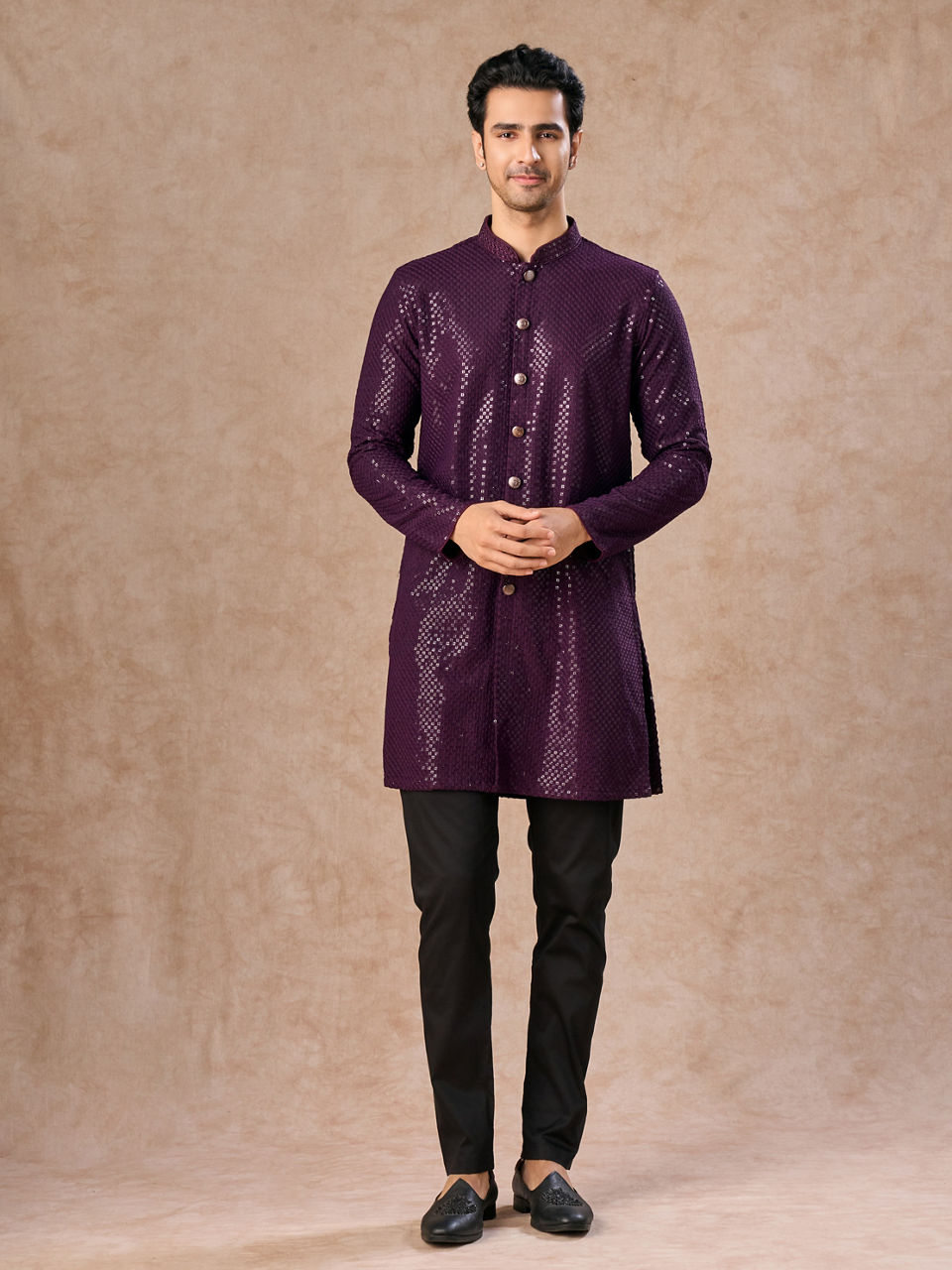 Manyavar Men Wine Viscose Kurta Pajama
