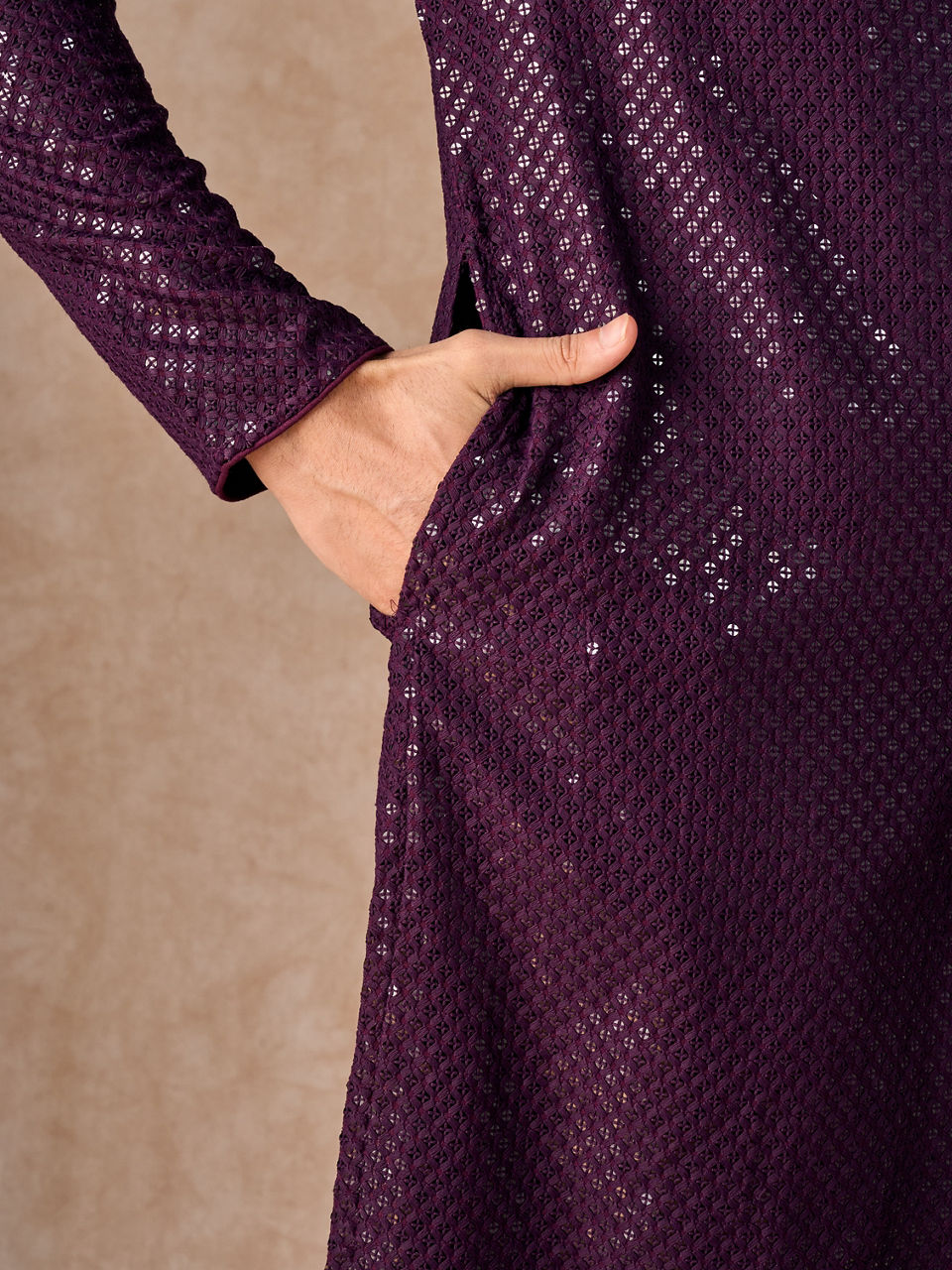 Manyavar Men Wine Viscose Kurta Pajama