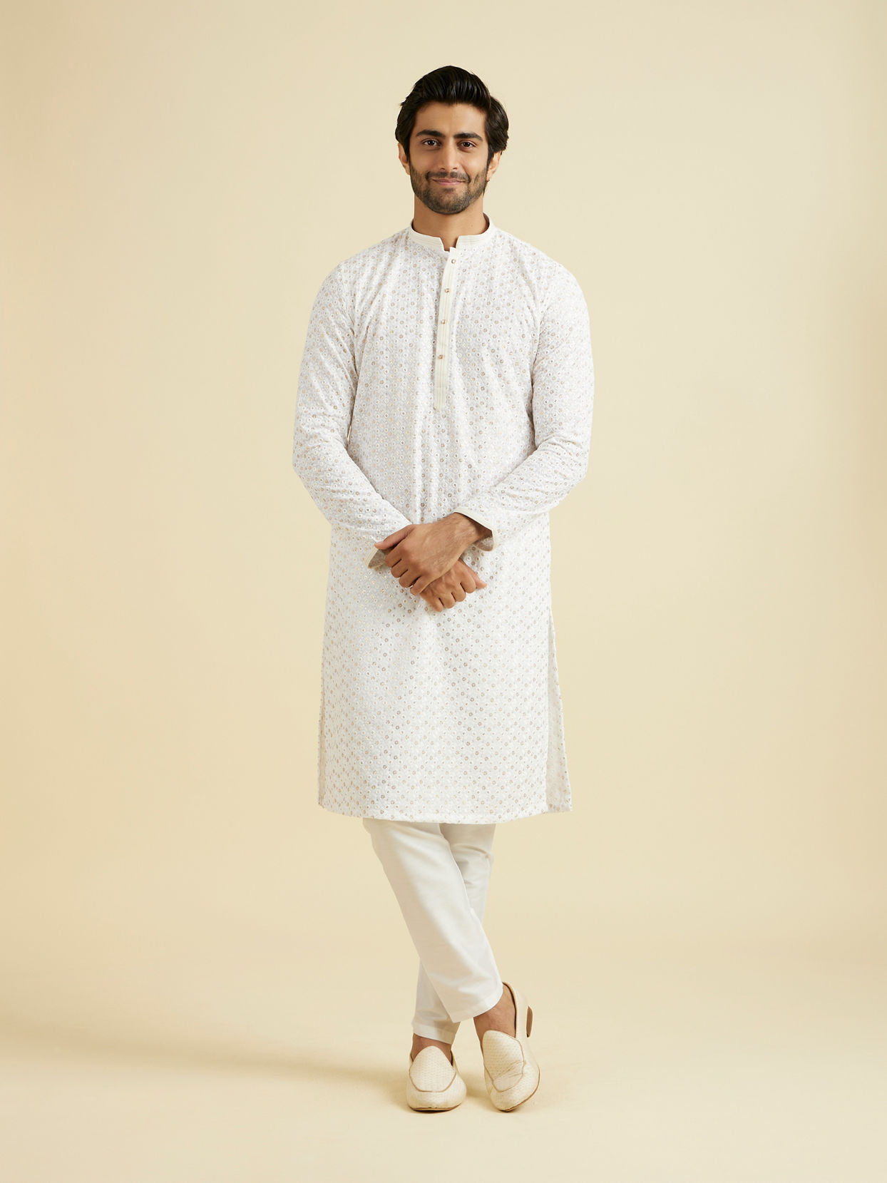 Manyavar Men Elegant White Cotton Kurta Pajama