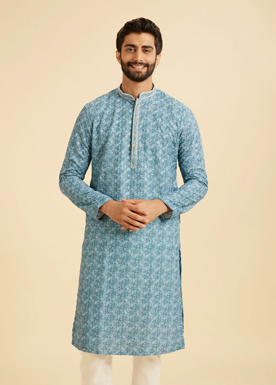 Manyavar Men Teal Blue Elegance Kurta Pajama