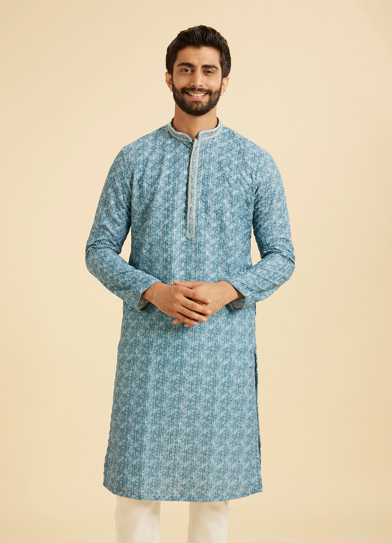 Manyavar Men Teal Blue Elegance Kurta Pajama