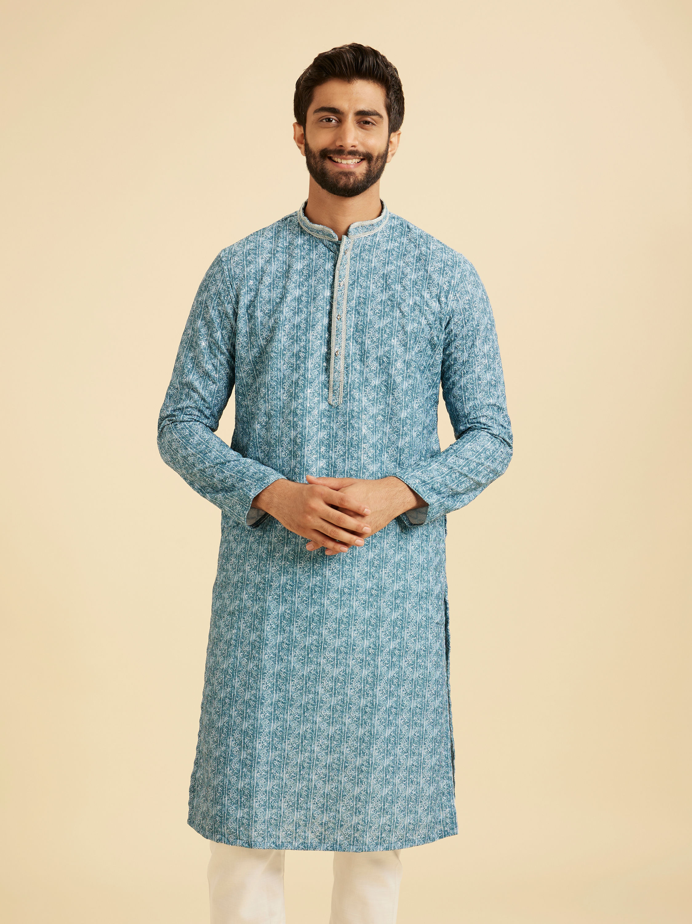 Manyavar Men Teal Blue Elegance Kurta Pajama