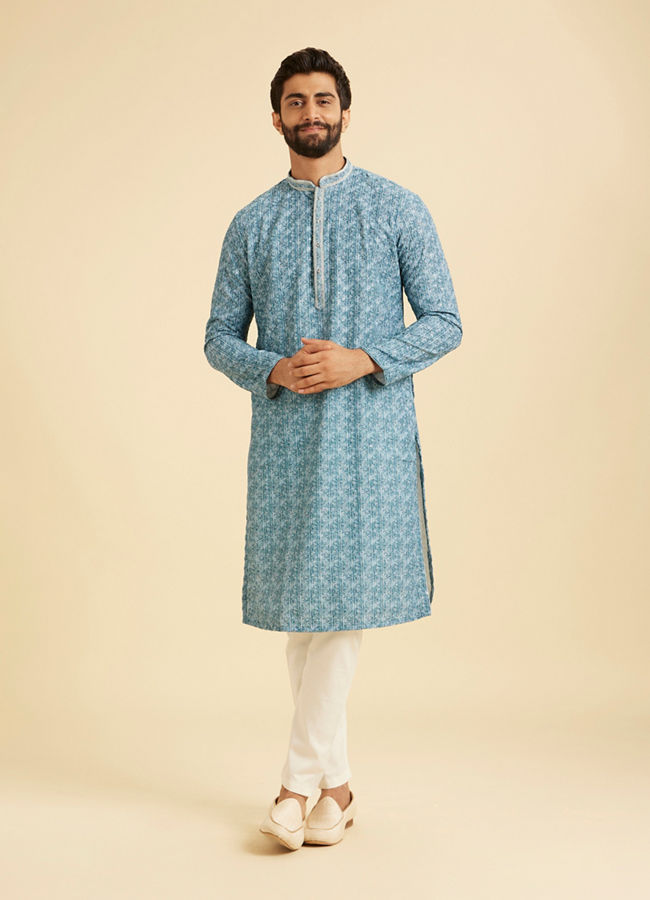 Manyavar Men Teal Blue Elegance Kurta Pajama